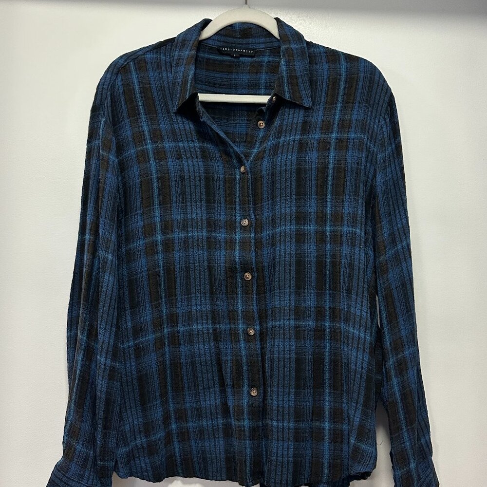 Jane and Delancey Blue and Black Plaid Shirt Size L
